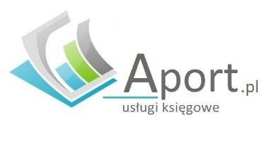 Logo firmy Aport.pl z napisem 'usługi księgowe' pod adresem strony i abstrakcyjną grafiką przedstawiającą nachodzące na siebie kartki w kolorach niebieskim, szarym i zielonym.