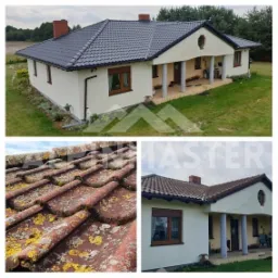 Dom jednorodzinny z ciemnoszarą dachówką po renowacji, widok z góry, oraz zbliżenie na starą dachówkę pokrytą mchem i porostami przed czyszczeniem.