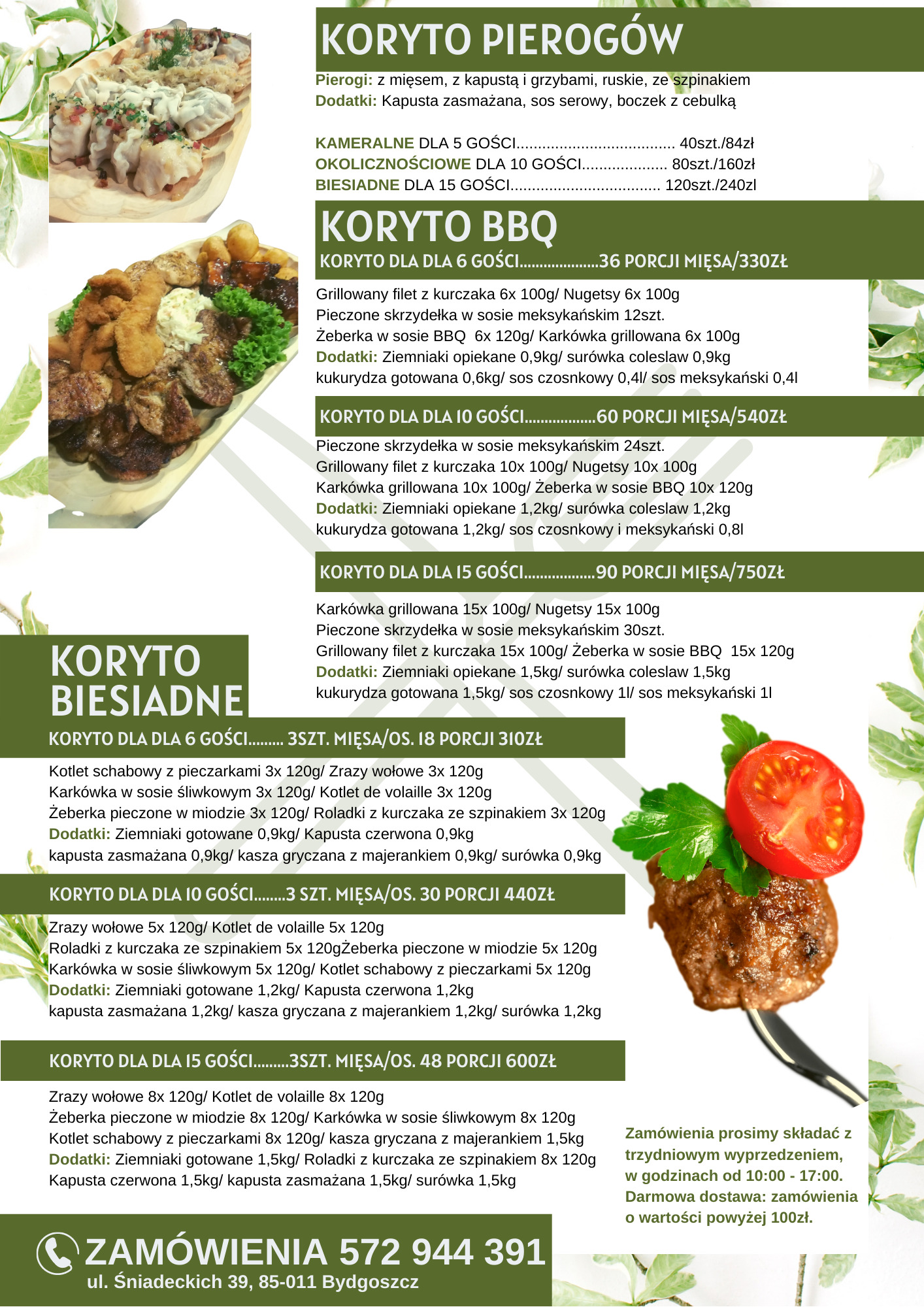 Menu z ofertą dań mięsnych i pierogów dla różnych grup gości, z wyszczególnionymi składnikami i dodatkami, oraz informacją o zamówieniach i dostawie.