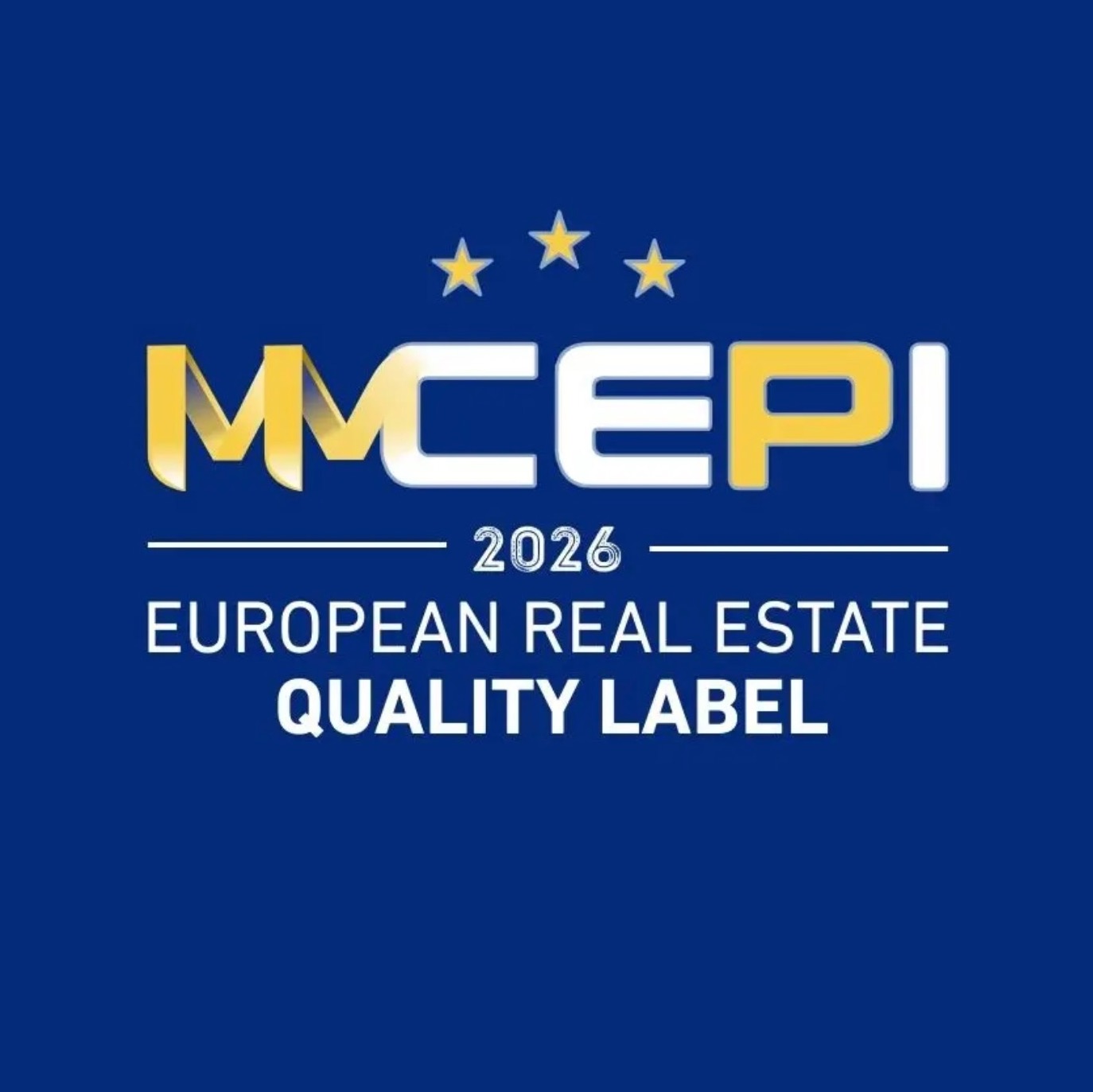 Logo MMCEPI, European Real Estate Quality Label na granatowym tle. Znak jakości dla agentów nieruchomości, potwierdzający etykę i standardy branżowe.