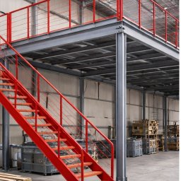 Montaż konstrukcji stalowej antresoli wraz ze schodami i zabezpieczeniami – rozwiązania dla obiektów przemysłowych i magazynowych.