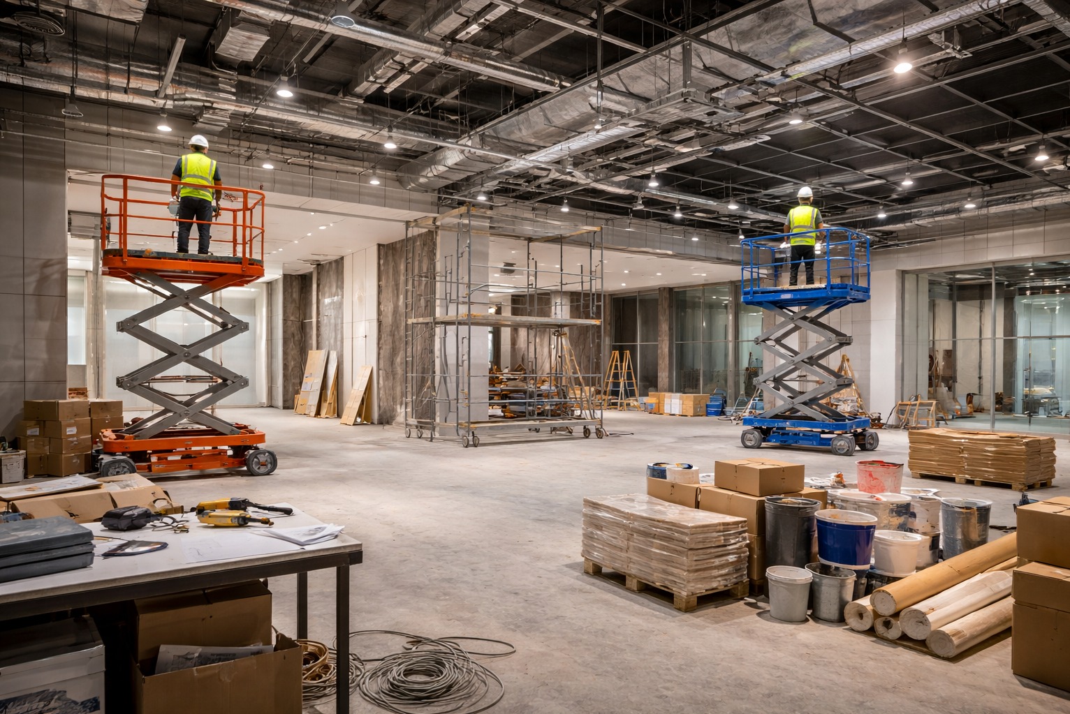 Realizacja fit-out w dużej przestrzeni komercyjnej – prace sufitowe i instalacyjne z wykorzystaniem podestów ruchomych.