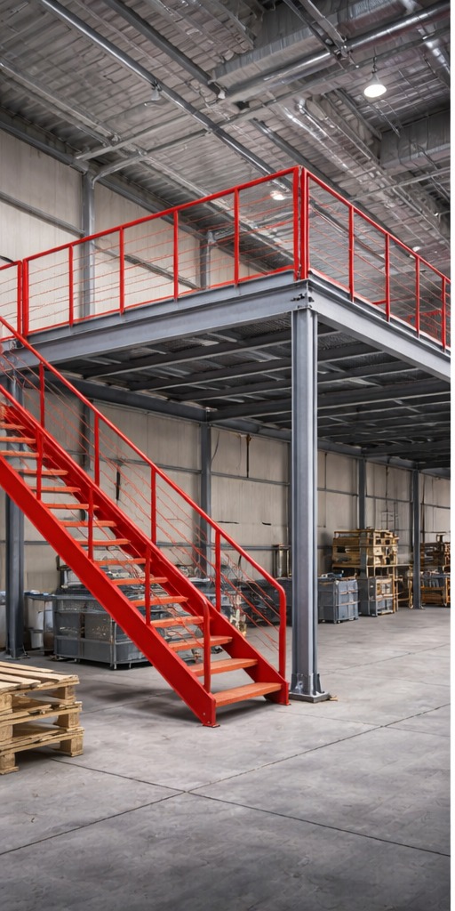 Antresola stalowa z czerwonymi schodami i balustradą w hali przemysłowej. Widoczne palety i metalowe pojemniki. Oświetlenie sufitowe i konstrukcja dachu.