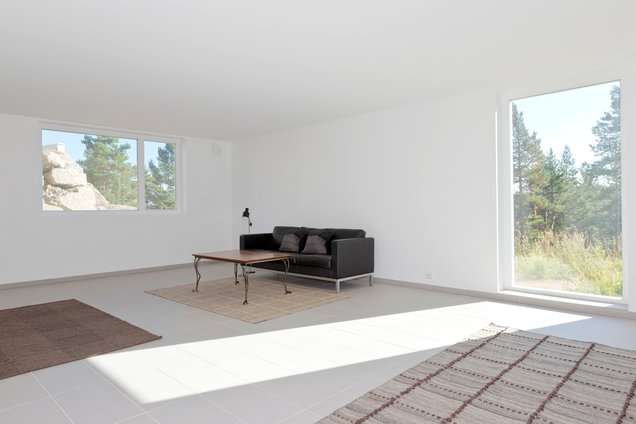 Jasne, minimalistyczne wnętrze z szarą podłogą, czarną skórzaną sofą, drewnianym stolikiem kawowym na dywanie i widokiem na las przez duże okno.