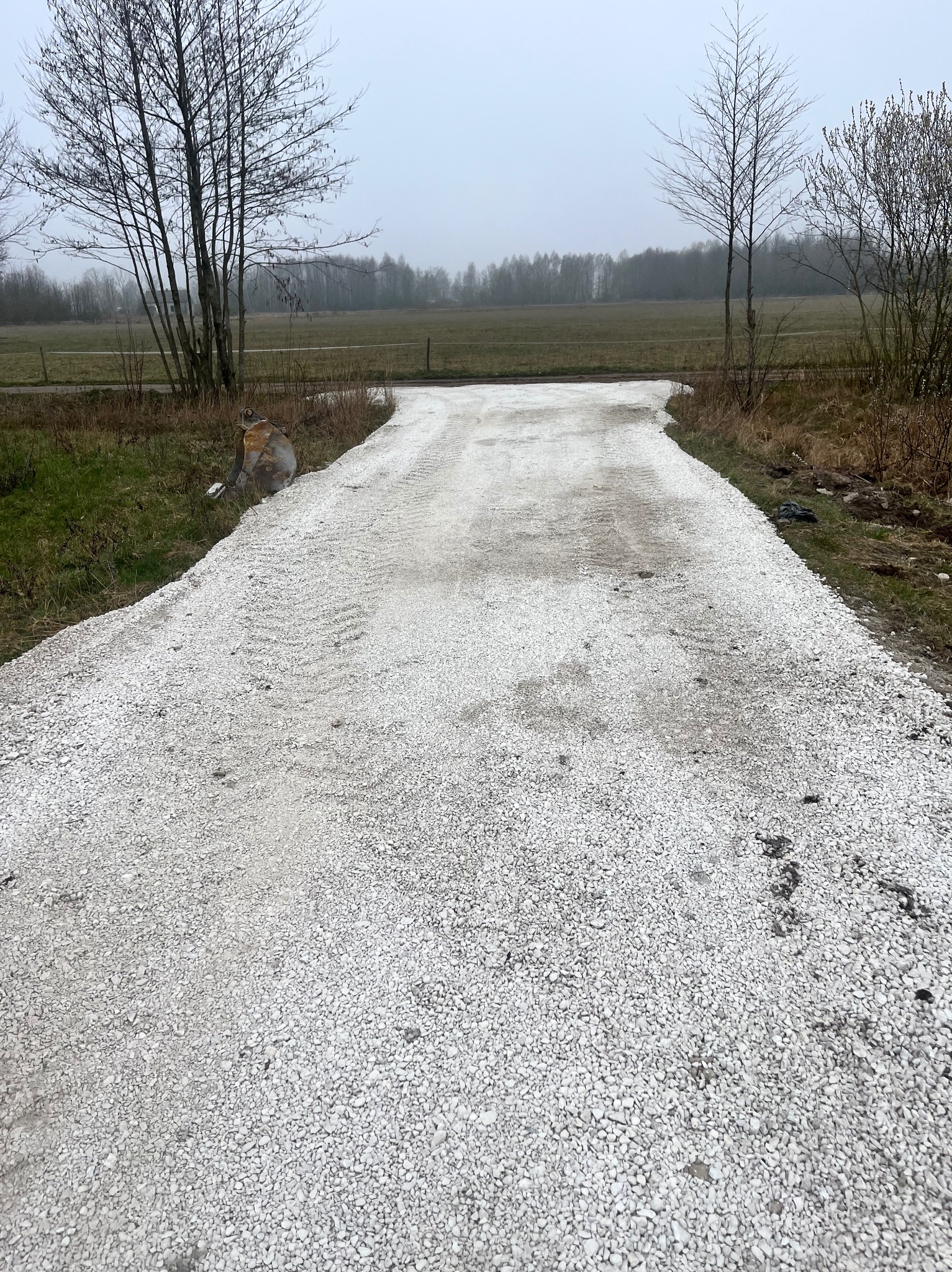 Świeżo wysypana, biała, kamienista droga dojazdowa na tle pochmurnego, wiejskiego krajobrazu z drzewami bez liści.