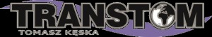 Logo firmy TRANSTOM Tomasz Kęska z motywem globu ziemskiego, utrzymane w kolorystyce czarno-fioletowej.