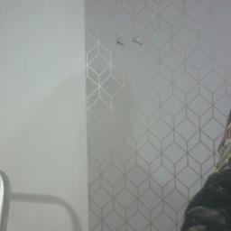 SW Projekt - Ściana po częściowym tapetowaniu: po lewej pomalowana na biało, po prawej w geometryczny wzór, widoczne dwa gwoździe i fragment drabiny malarskiej oraz ubrudzona farbą bluza robotnika.