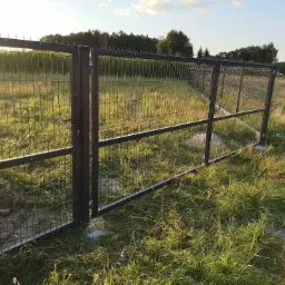 Nowoczesna, ciemna brama wjazdowa z siatki panelowej, widoczna na tle łąki i drzew, z elementami świeżego betonu przy słupkach.
