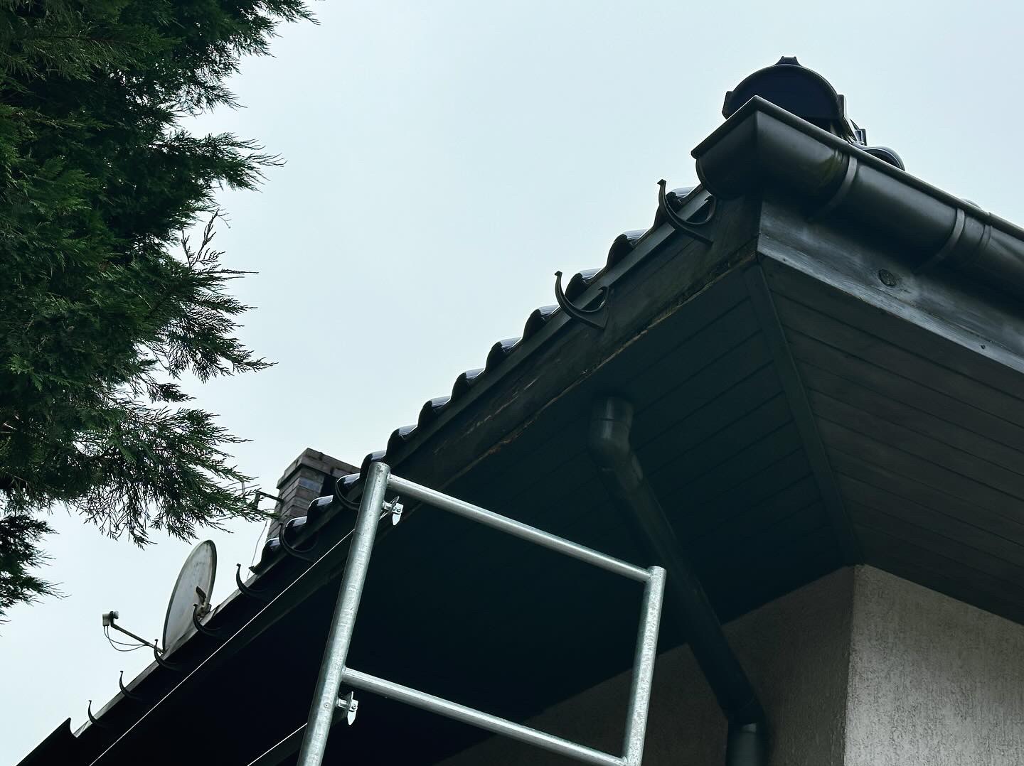 Fragment dachu z ciemną drewnianą podbitką, rynnami i uchwytami, widoczne z poziomu rusztowania, z kominem i antenami satelitarnymi w tle, na tle pochmurnego nieba i fragmentu drzewa.