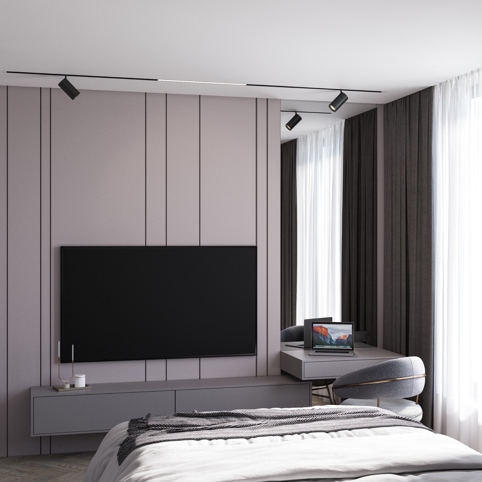 Nowoczesna sypialnia z łóżkiem, biurkiem z laptopem i panelem ściennym w odcieniach szarości, oświetlenie szynowe.