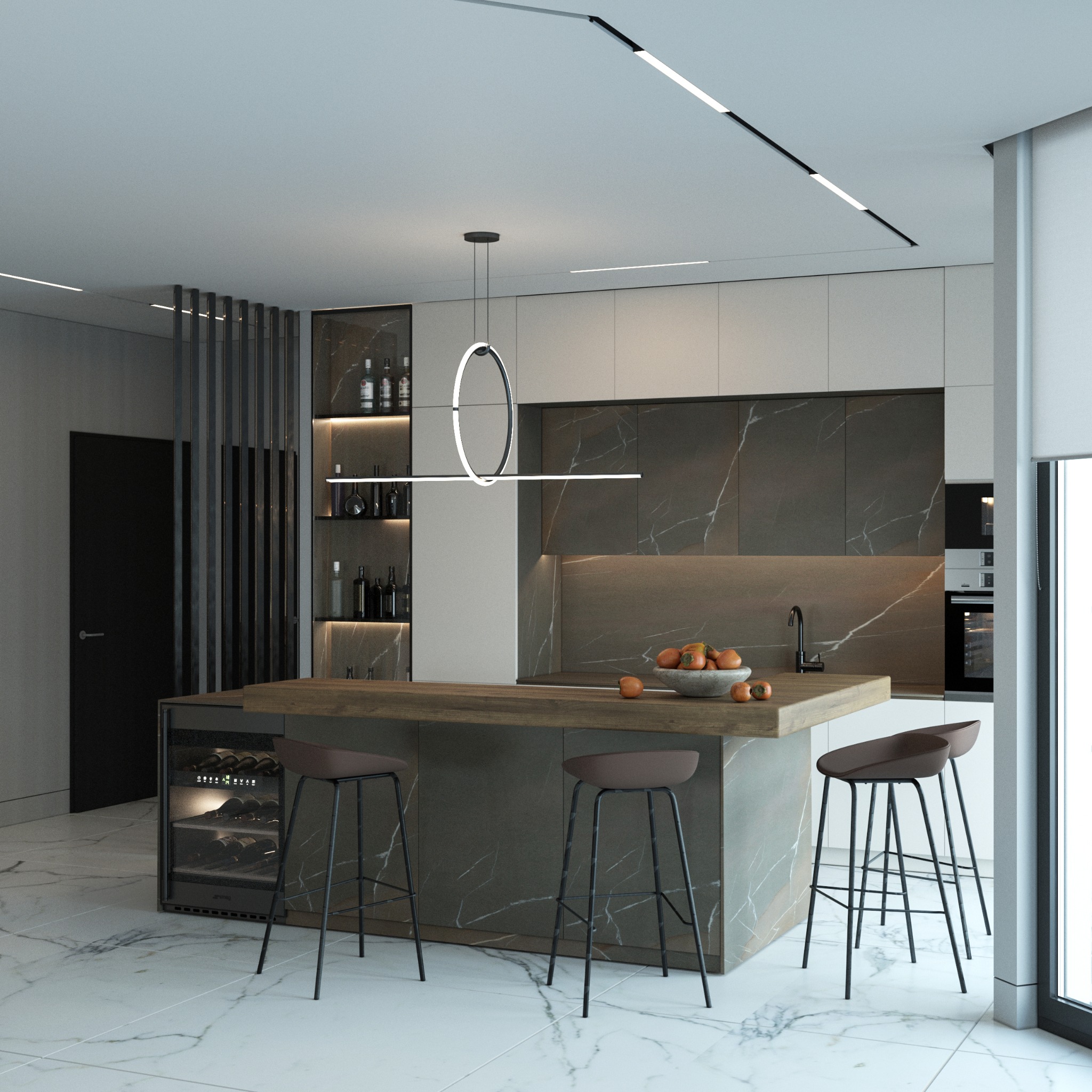 Nowoczesna kuchnia z wyspą, marmurowymi blatami i podłogą, oświetleniem LED oraz barkiem z chłodziarką do wina.