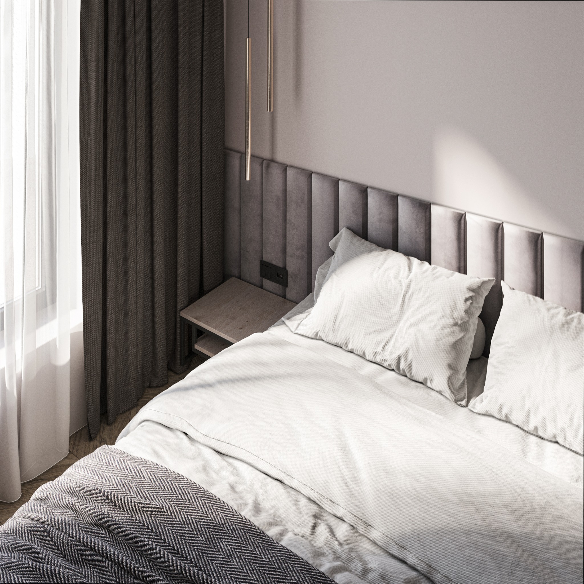Minimalistyczna sypialnia z szarą tapicerowaną ścianą, drewnianym stolikiem nocnym i wiszącymi lampami w kształcie prętów, oświetlona naturalnym światłem z okna z delikatną firanką i zaciemniającą...