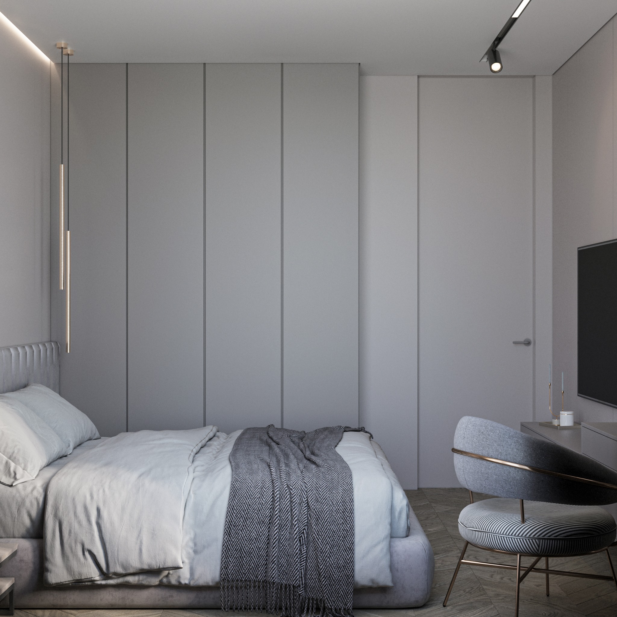 Minimalistyczna sypialnia w odcieniach szarości z łóżkiem, krzesłem i panelem ściennym z ukrytymi drzwiami, oświetlona wiszącymi lampami i reflektorem sufitowym.