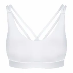 Minimalistyczny, biały biustonosz sportowy z krzyżującymi się ramiączkami, sfotografowany na białym tle w studio. Produkt e-commerce, skupiający się na detalu materiału.