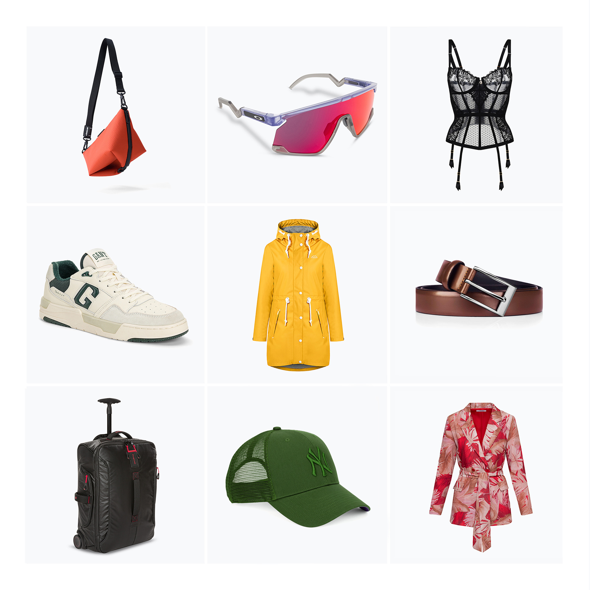 Kolaż dziewięciu packshotów odzieży i akcesoriów na białym tle, prezentujący różnorodność produktów: torba, okulary, bielizna, buty, kurtka, pasek, walizka, czapka i marynarka.