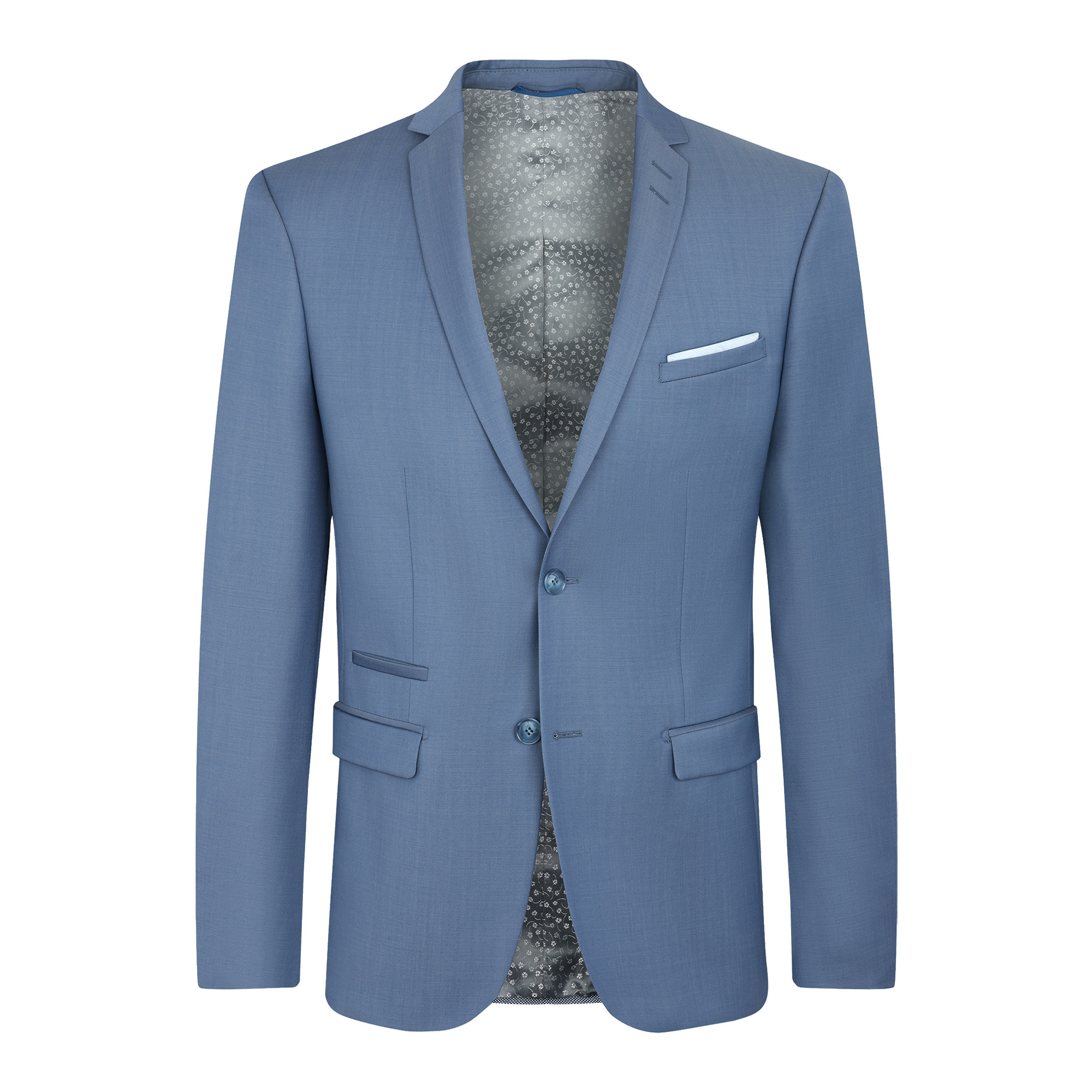 Błękitna marynarka męska, rozpięta, na białym tle, ukazująca wzorzystą podszewkę i białą poszetkę w kieszonce. Idealna do e-commerce, z retuszem kolorów i detali.