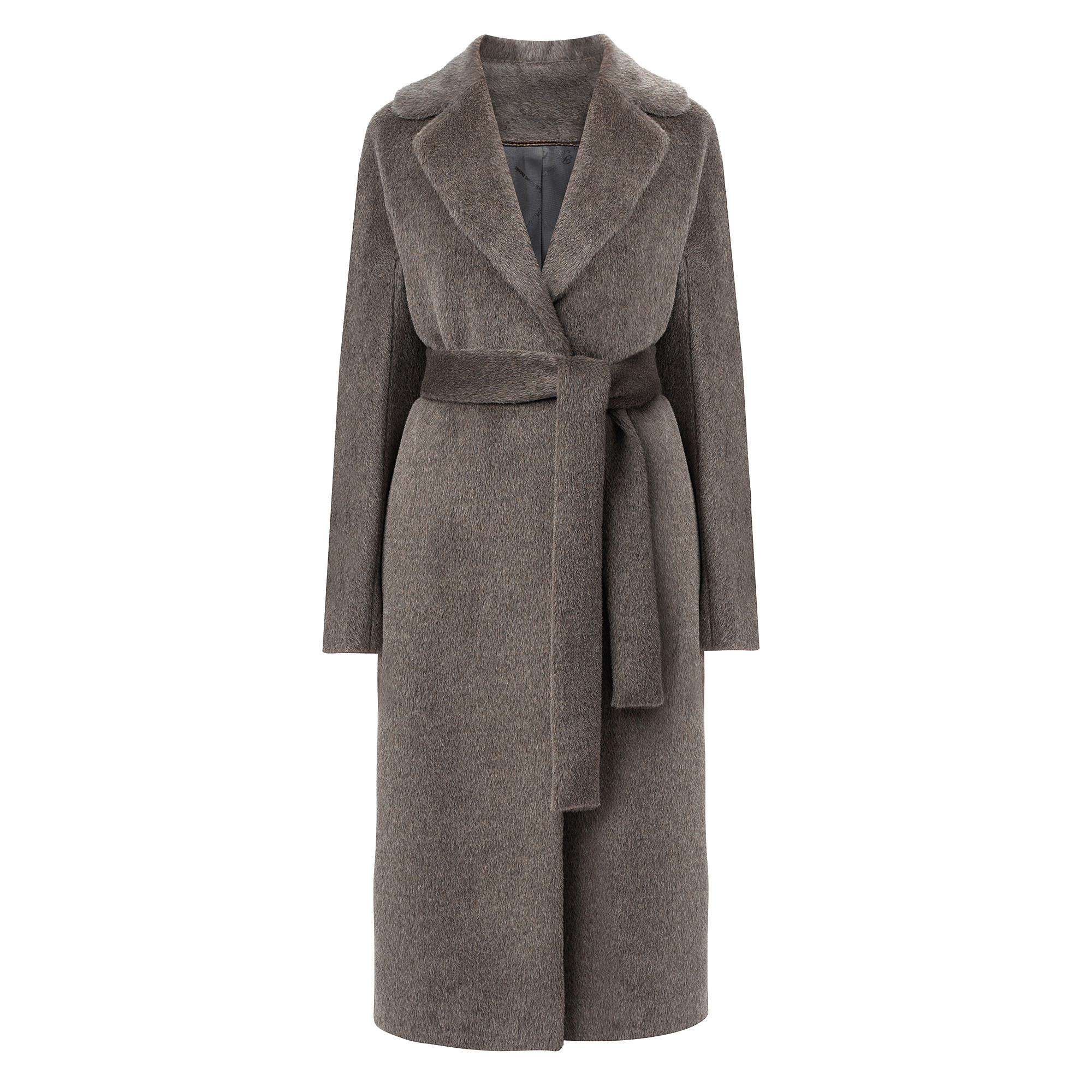 Długi, wełniany płaszcz w odcieniach szarości, z paskiem w talii, na białym tle. Prezentacja produktu odzieżowego w stylu 'duch', e-commerce.