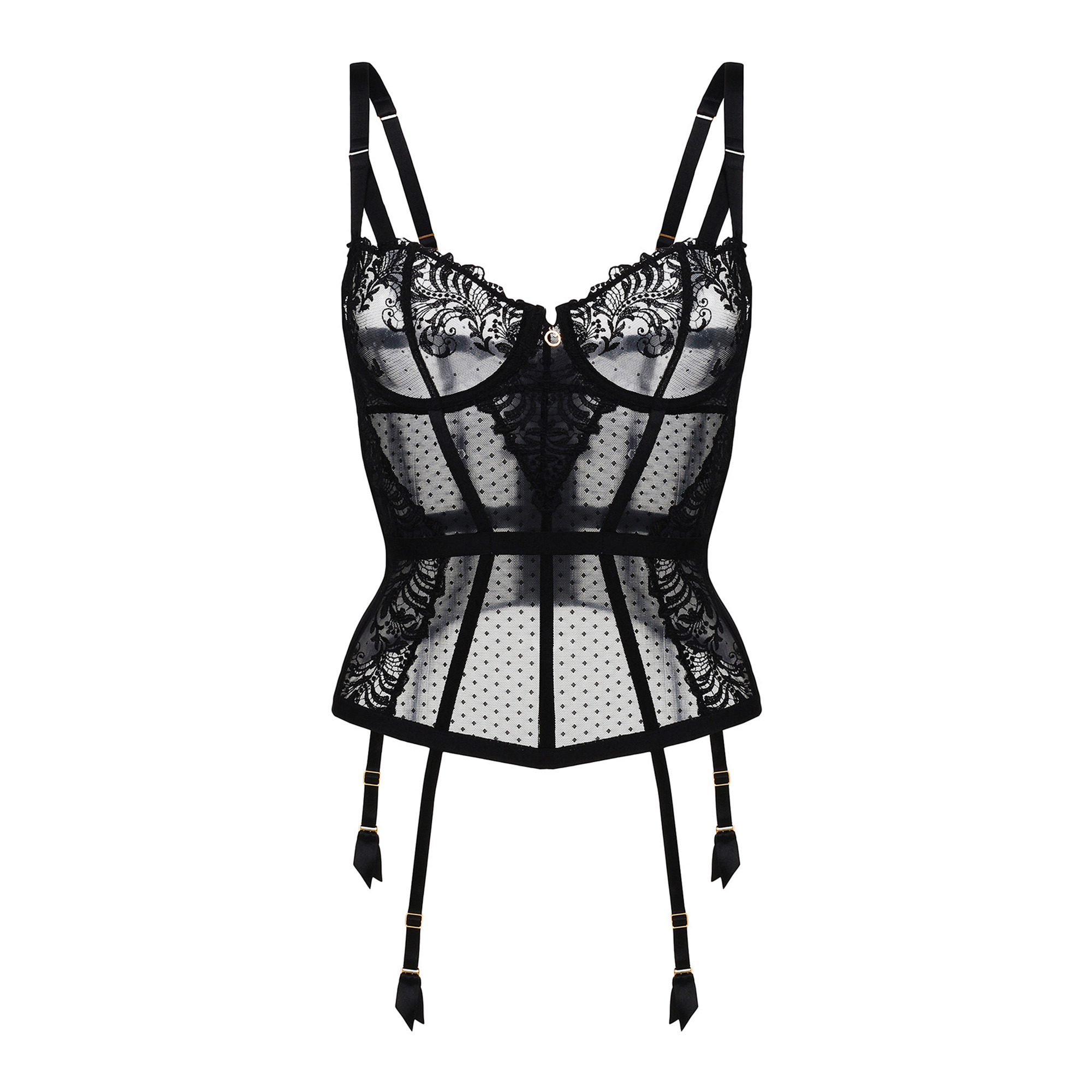 Czarny, koronkowy gorset z podwiązkami na białym tle. Delikatny wzór i precyzyjne wykonanie podkreślają elegancję bielizny. Fotografia produktowa.