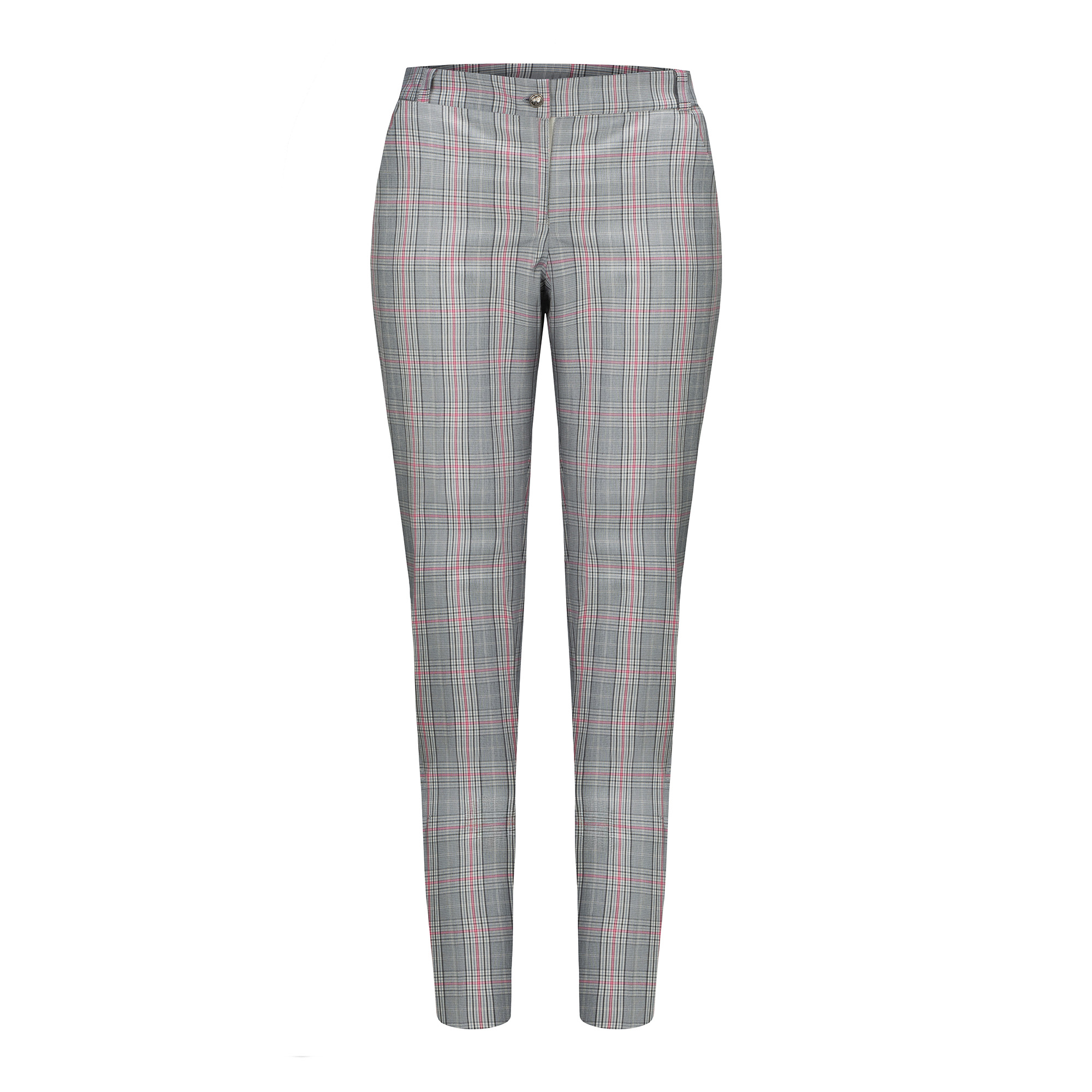 Kadr studyjny: spodnie damskie w szarą kratę z delikatnym czerwonym akcentem, prezentowane na białym tle. Widoczne detale, np. guzik i szlufki.