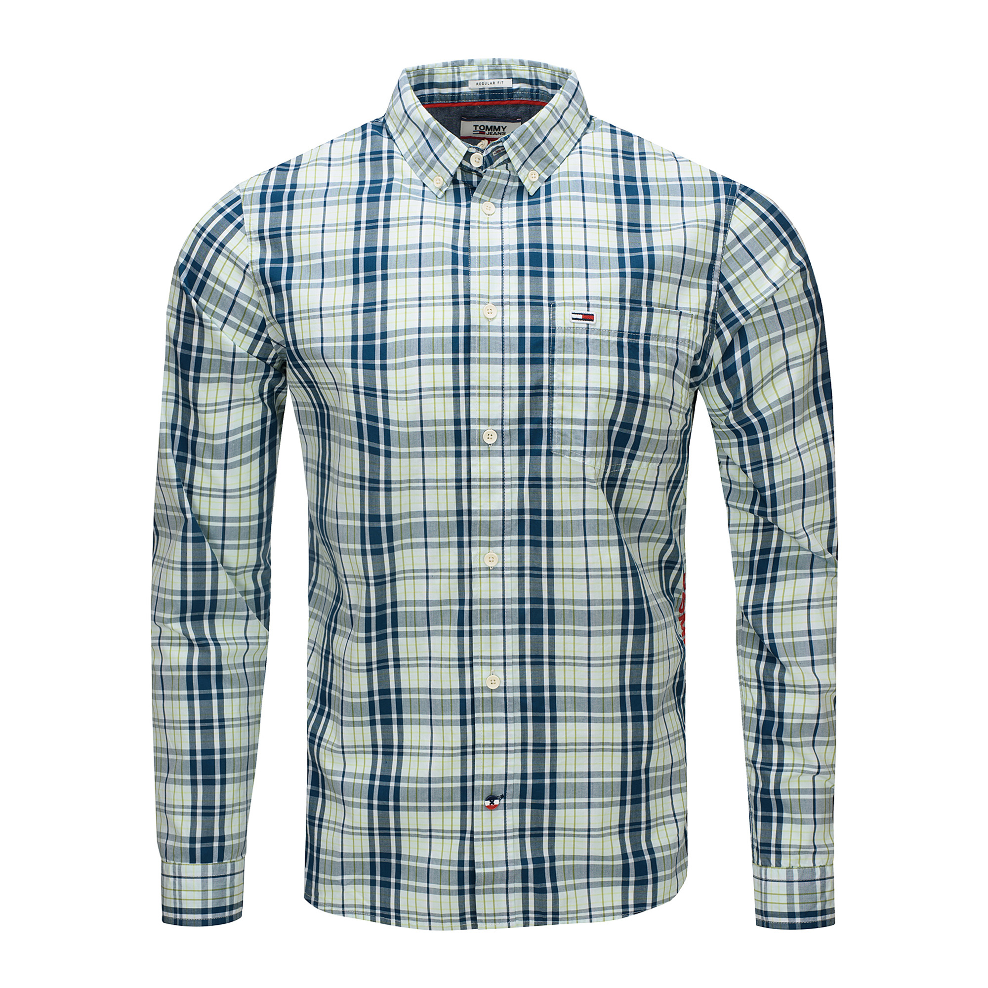 Fotografia produktowa: Koszula Tommy Jeans w kratę na białym tle. Widoczne detale: kołnierzyk, guziki, kieszeń z logo. Idealne oświetlenie podkreśla fakturę materiału.