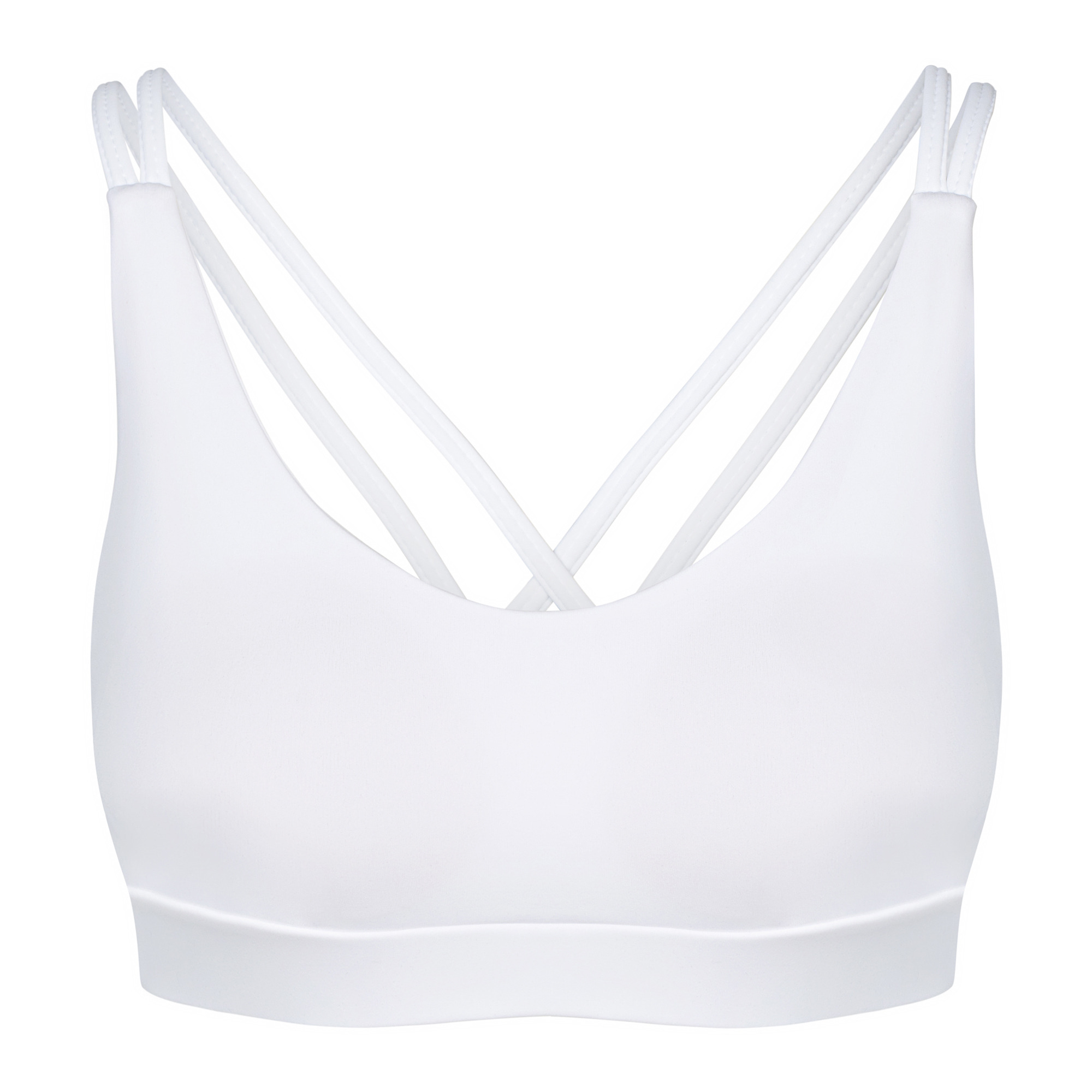 Minimalistyczny, biały biustonosz sportowy z krzyżującymi się ramiączkami, sfotografowany na białym tle w studio. Produkt e-commerce, skupiający się na detalu materiału.