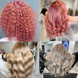 Kolaż czterech zdjęć prezentujących różne kolory i tekstury włosów: od różowych loków po blond fale z subtelnymi refleksami.