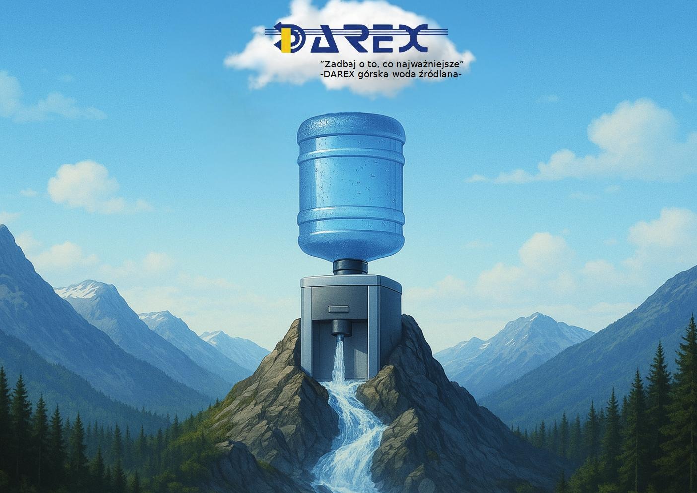 Dystrybutor wody DAREX na szczycie góry, z wodą spływającą kaskadą. W tle błękitne niebo i góry. Grafika reklamowa z logo firmy.