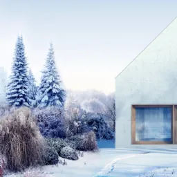 Zimowy krajobraz z minimalistycznym domem i ogrodem pokrytym śniegiem, ślady na śniegu prowadzą w stronę budynku, drzewa iglaste oblepione śniegiem w tle.