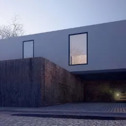 Nowoczesny dom z garażem podwieszonym, oświetlonym samochodem i minimalistycznym wystrojem wnętrz widocznym przez okno na tle księżyca.