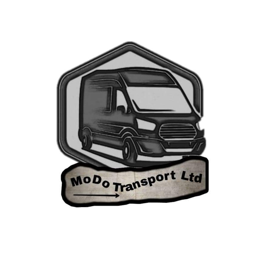 Stylizowane logo firmy transportowej Modo Transport Ltd z grafiką szarego vana w heksagonalnej ramce i strzałką w nazwie.