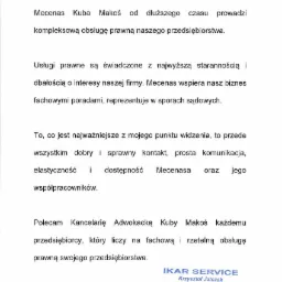 Skan dokumentu referencyjnego dla Mecenasa Kuby Makoś, z pozytywną opinią o kompleksowej obsłudze prawnej i wsparciu biznesu, zakończony podpisem Krzysztofa Jatczaka z IKAR SERVICE.