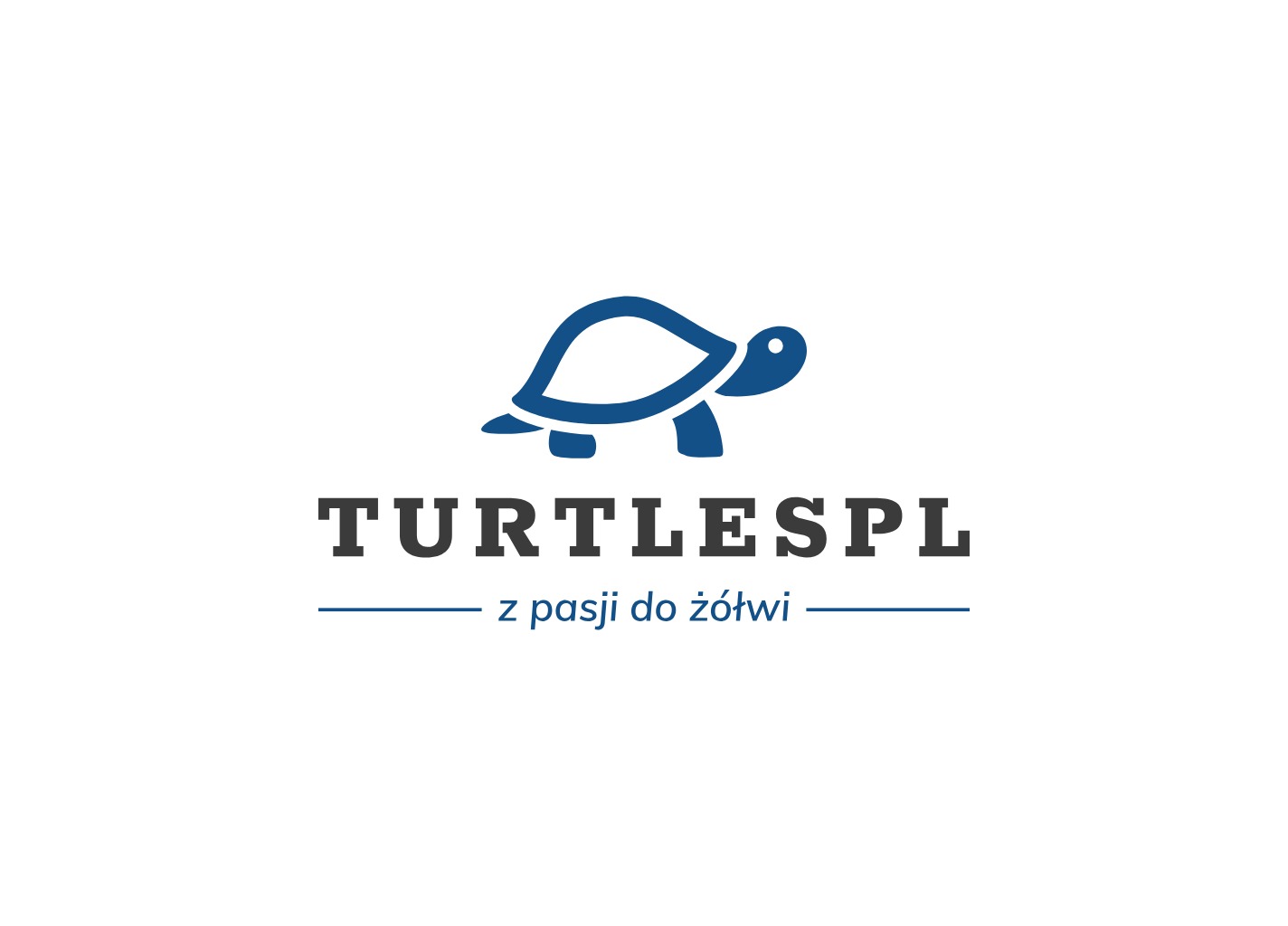 Niebieskie logo firmy TURTLESPL z motywem graficznym stylizowanego żółwia i hasłem 'z pasji do żółwi'.
