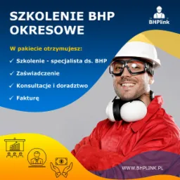 Plakat reklamowy szkolenia BHP okresowego w Rzeszowie, z uśmiechniętym mężczyzną w kasku, okularach ochronnych i słuchawkach, informujący o zawartości pakietu szkoleniowego.