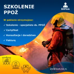 Grafika reklamowa: Szkolenie PPOŻ. Strażak w hełmie i kombinezonie gaśniczym z prądownicą w dłoniach, na tle płomieni. Oferta obejmuje szkolenie specjalisty ds. PPOŻ, certyfikat, konsultacje...