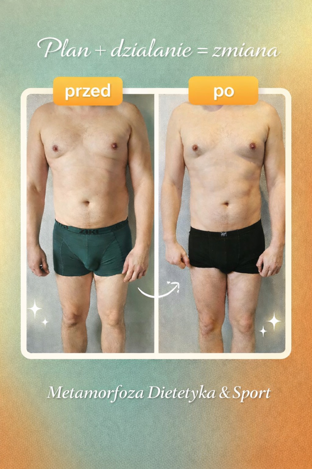 Męska sylwetka przed i po metamorfozie, ukazująca efekty diety i treningu. Widoczna zmiana w budowie ciała, z zaznaczoną strzałką progresu.