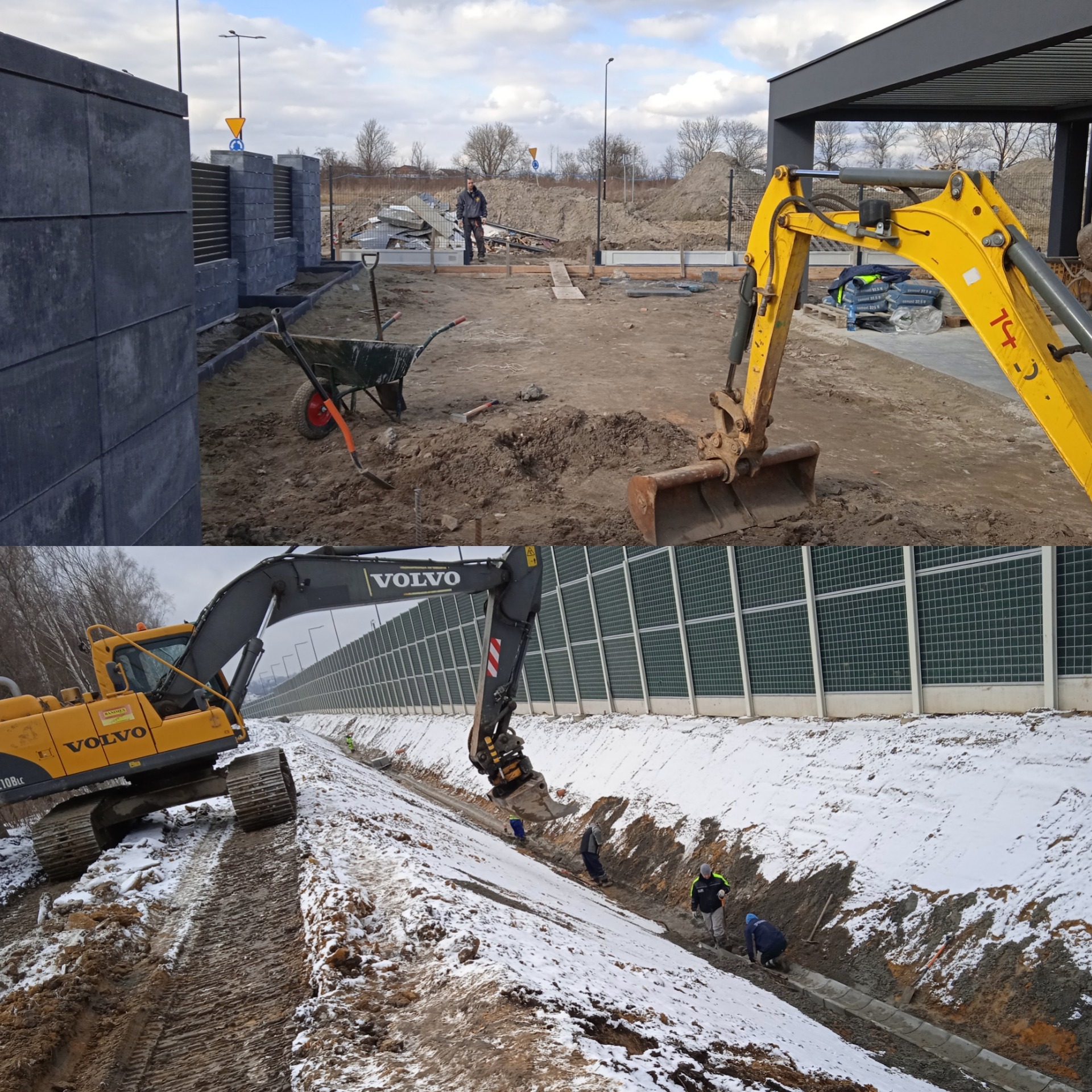 Dwa ujęcia z prac ziemnych: górne przedstawia przygotowanie terenu pod budowę z widoczną koparką, taczką i fragmentem ogrodzenia z betonowych płyt; dolne ukazuje dużą koparkę Volvo podczas prac...