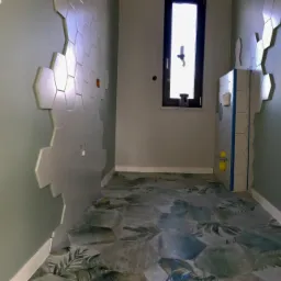 Niedokończona łazienka z heksagonalnymi płytkami na ścianie i podłodze, widoczny fragment surowej ściany z cegieł i okno z czarną ramą.