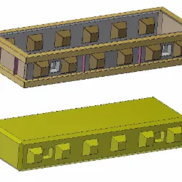 Wizualizacja 3D formy do betonu typu lego, prezentująca szkielet konstrukcji z widocznymi elementami mocującymi i gotowy odlew w kolorze żółtym.