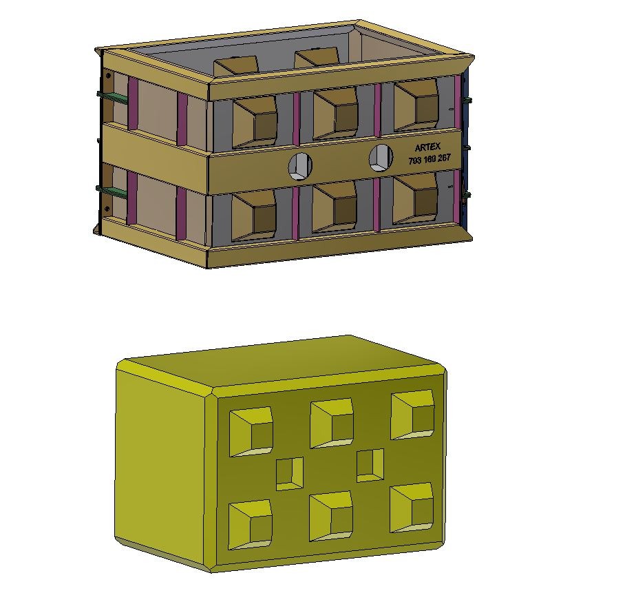 Projekt form do betonu w stylu klocków lego, widoczne dwie formy o różnej konstrukcji i kolorystyce.