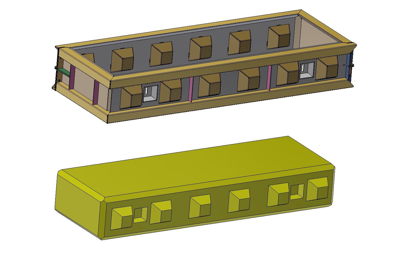 Wizualizacja 3D formy do betonu typu lego, prezentująca szkielet konstrukcji z widocznymi elementami mocującymi i gotowy odlew w kolorze żółtym.