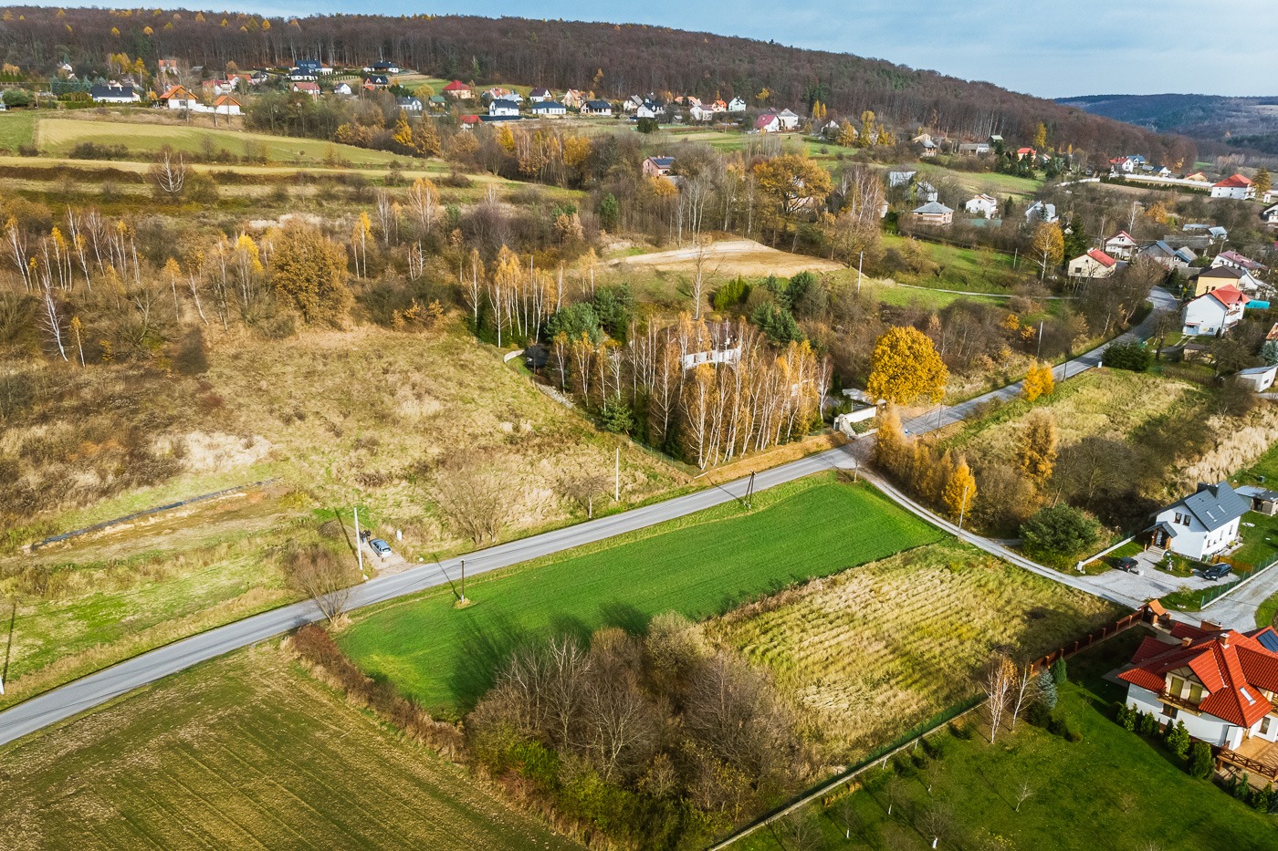 Panoramiczny widok z lotu ptaka na wiejski krajobraz z polami, lasami i domami w jesiennej scenerii, z drogą przecinającą zielone pole.