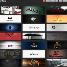 Portfolio graficzne prezentujące różnorodne projekty logo i wizualizacji firm, w tym logotypy z efektem 3D, projekty dla branży motoryzacyjnej i kawy, wyświetlane w układzie siatki na ciemnym tle.