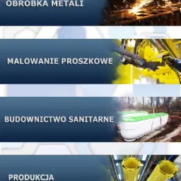 Kompozycja zdjęć prezentujących różne etapy obróbki metali: spawanie z iskrami, malowanie proszkowe elementu, montaż zbiornika sanitarnego w ziemi, oraz produkcja żółtych rur z otworami.