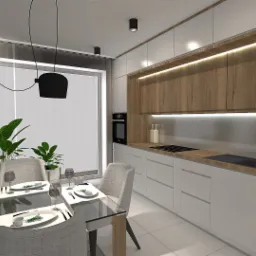 Nowoczesna kuchnia z drewnianymi akcentami w Krakowie: białe szafki dolne, drewniane szafki górne z podświetleniem LED, szklany stół z nakryciem i szarymi krzesłami, dekoracyjne rośliny doniczkowe...