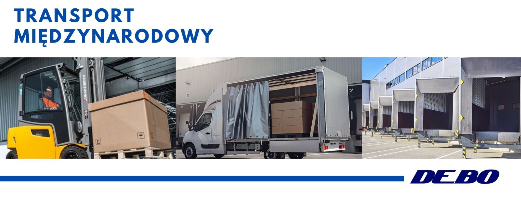 Kolaż przedstawiający załadunek i rozładunek towarów: wózek widłowy z kartonem na palecie, biały bus z otwartą przestrzenią ładunkową wypełnioną kartonami oraz doki załadunkowe z rampami.