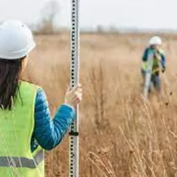 Osoba w żółtej kamizelce odblaskowej trzyma łatę geodezyjną na zewnątrz, w tle druga osoba z podobnym sprzętem na polu z wysoką trawą.