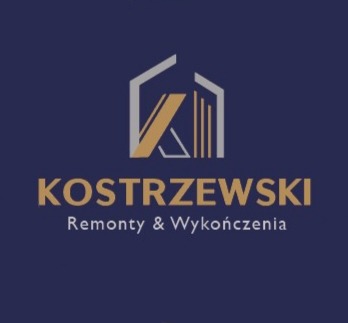 Logo firmy KOSTRZEWSKI Remonty & Wykończenia na granatowym tle. Grafika przedstawia stylizowany dom z literą K w środku.