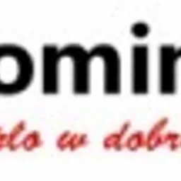 Logo firmy zarysowujące kształt domu z płomieniami w środku, obok czarny napis 'Kominki' i czerwone hasło 'Ciepło w dobrym stylu!'