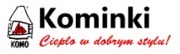 Logo firmy zarysowujące kształt domu z płomieniami w środku, obok czarny napis 'Kominki' i czerwone hasło 'Ciepło w dobrym stylu!'