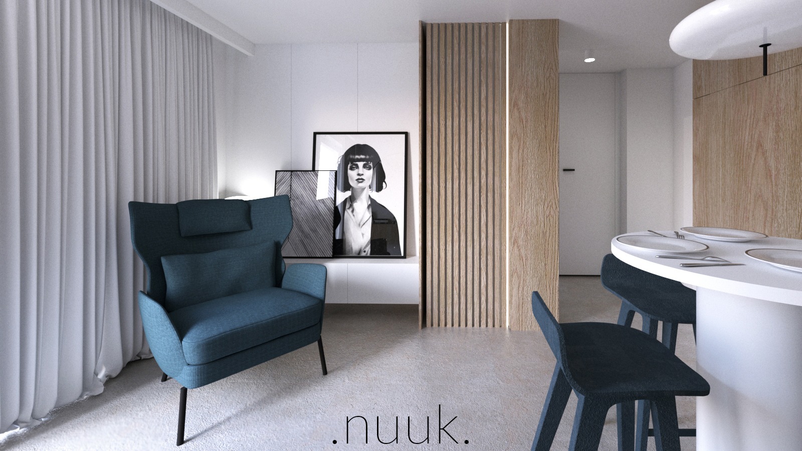 Nowoczesne wnętrze: turkusowy fotel z poduszką, abstrakcyjne obrazy na ścianie, drewniane lamele z podświetleniem i okrągły stół z krzesłami w minimalistycznym stylu.